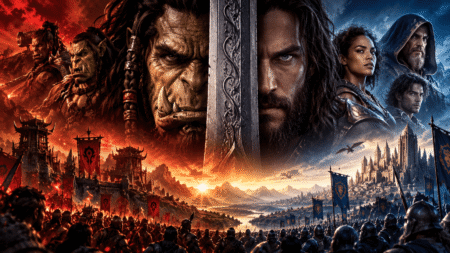 Um mago com armadura dourada e capa roxa enfrenta um orc com pele verde, armado com uma espada e escudo, ambos envolvidos por efeitos visuais de batalha no universo de World of Warcraft.