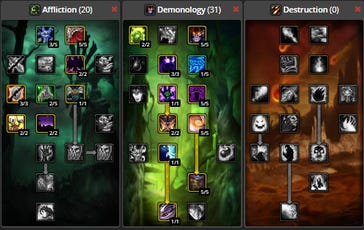 The image displays a three-column talent build guide for World of Warcraft, featuring skill trees named Affliction, Demonology, and Destruction, each with various talents and point allocations.