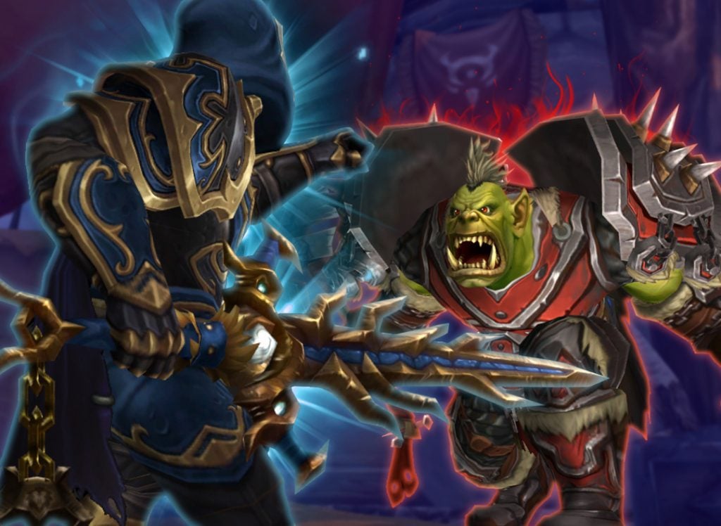 Um mago com armadura dourada e capa roxa enfrenta um orc com pele verde, armado com uma espada e escudo, ambos envolvidos por efeitos visuais de batalha no universo de World of Warcraft.