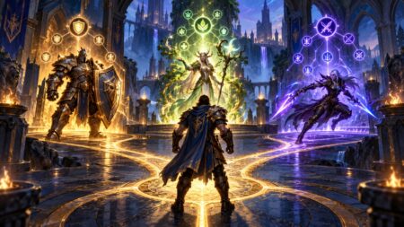 A detailed World of Warcraft talent build guide for a Warrior character, showing skill progressions and descriptions of various abilities like Shield Block and Revenge.